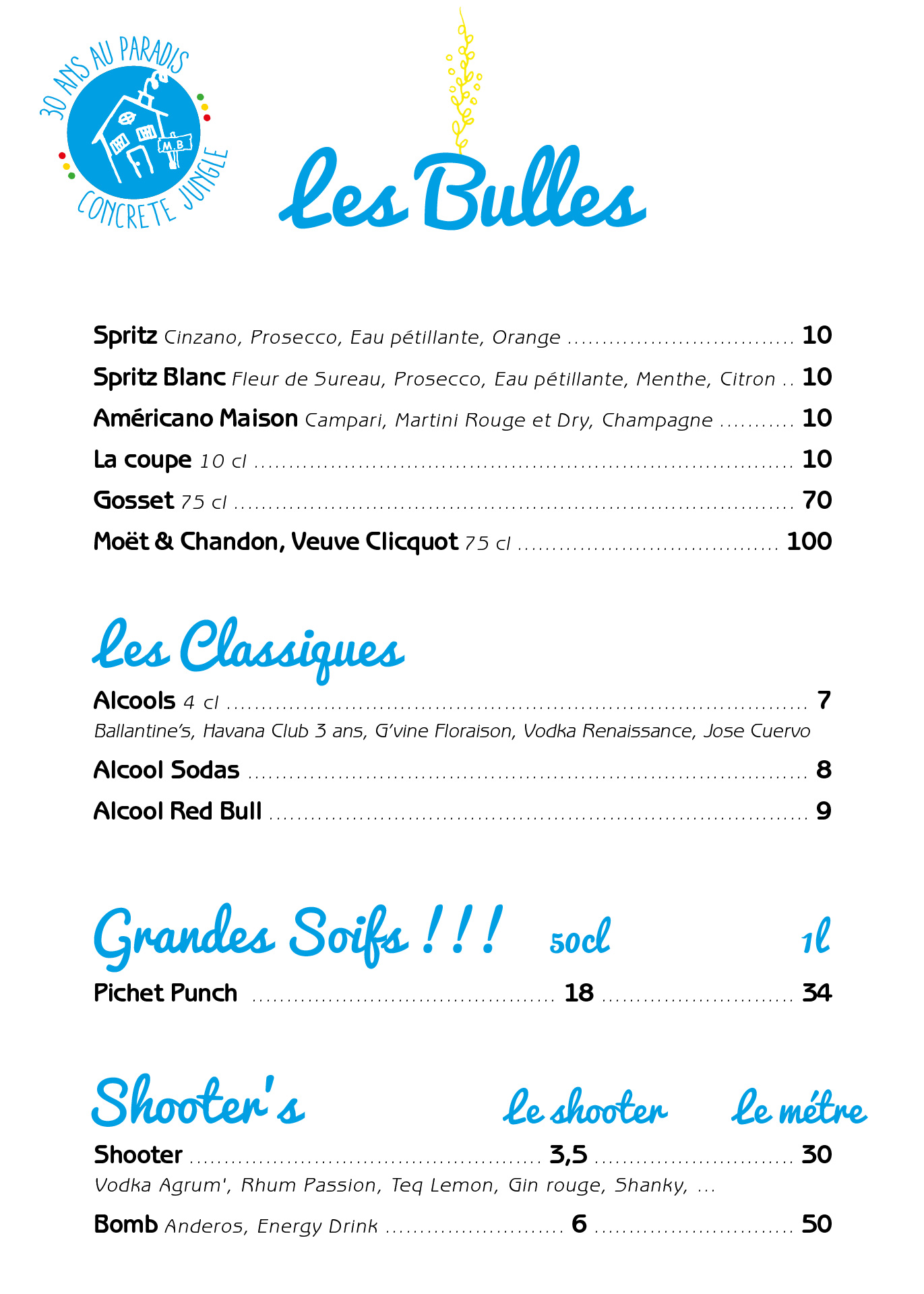 Carte Maison Blanche bar 2024 - Les champagnes, shooters, pichets