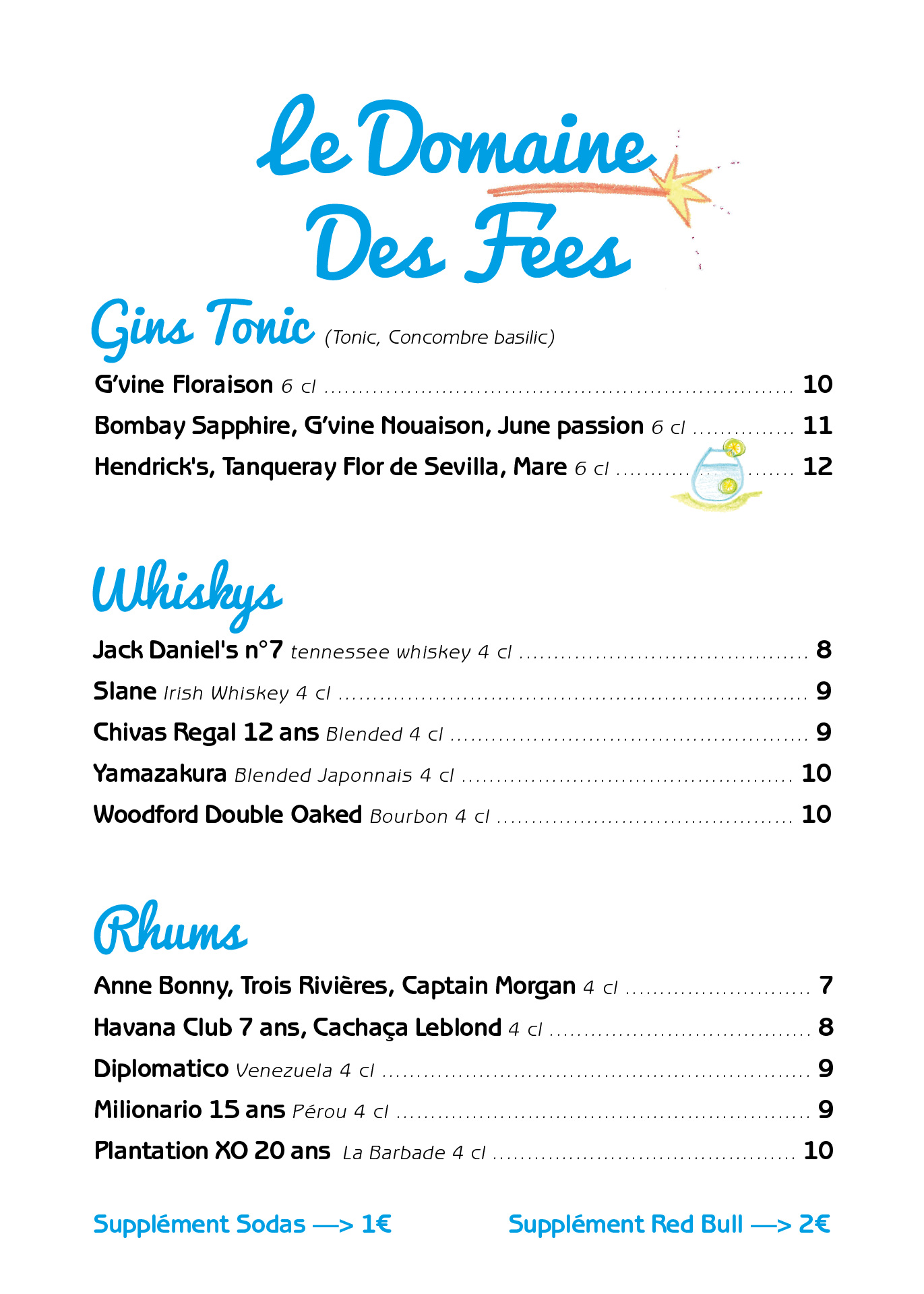 Carte Maison Blanche bar 2024 - Gins Tonics et alcools