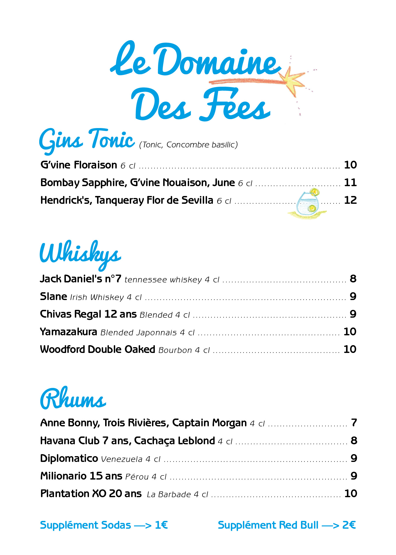 Carte Maison Blanche bar 2024 - Gins Tonics et alcools