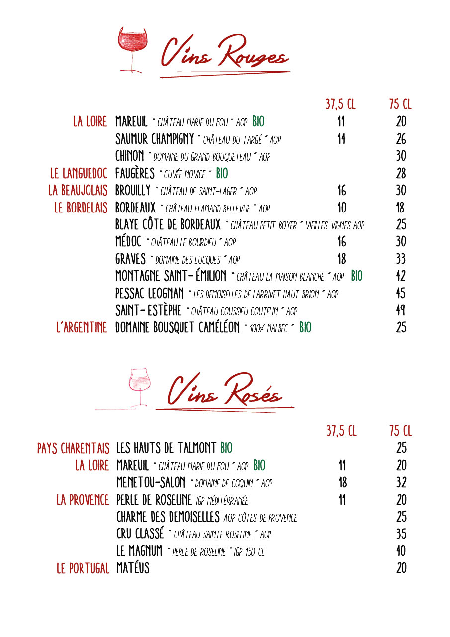 Carte restaurant 2021 - Vins rouges, rosés