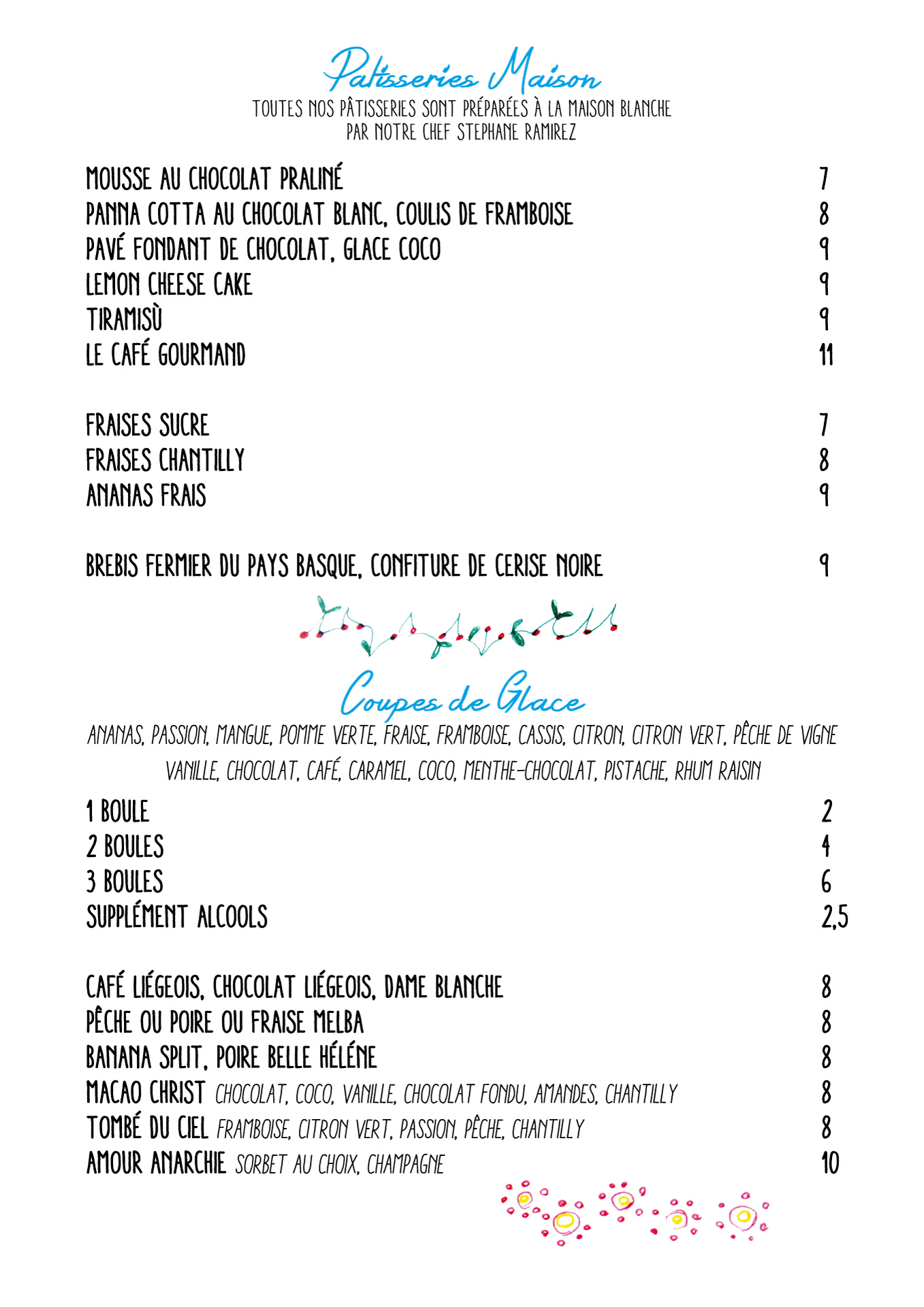 Carte restaurant 2021 - Desserts, Glaces - Maison Blanche