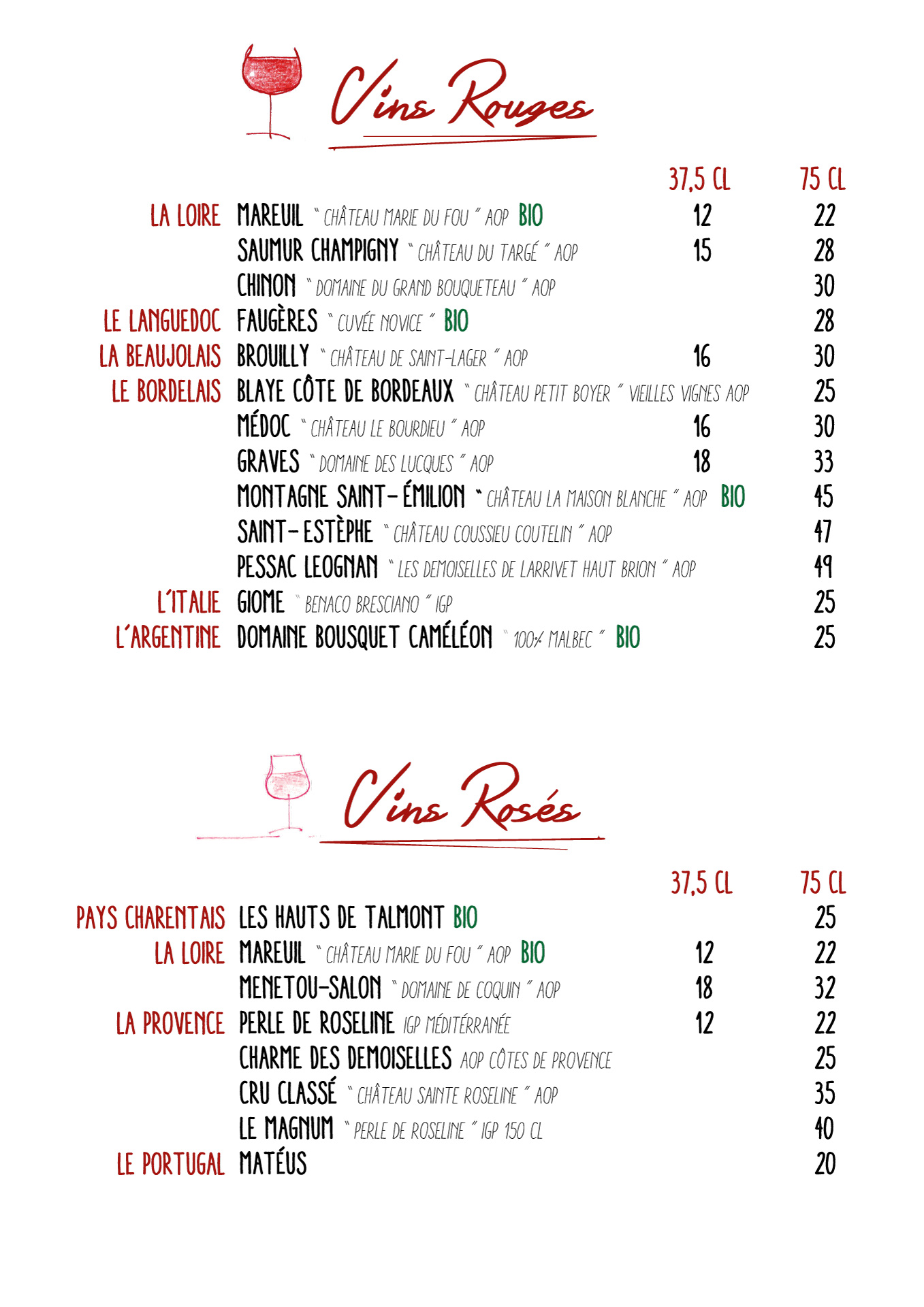 Carte restaurant 2022 - Vins rouges, rosés - Maison Blanche