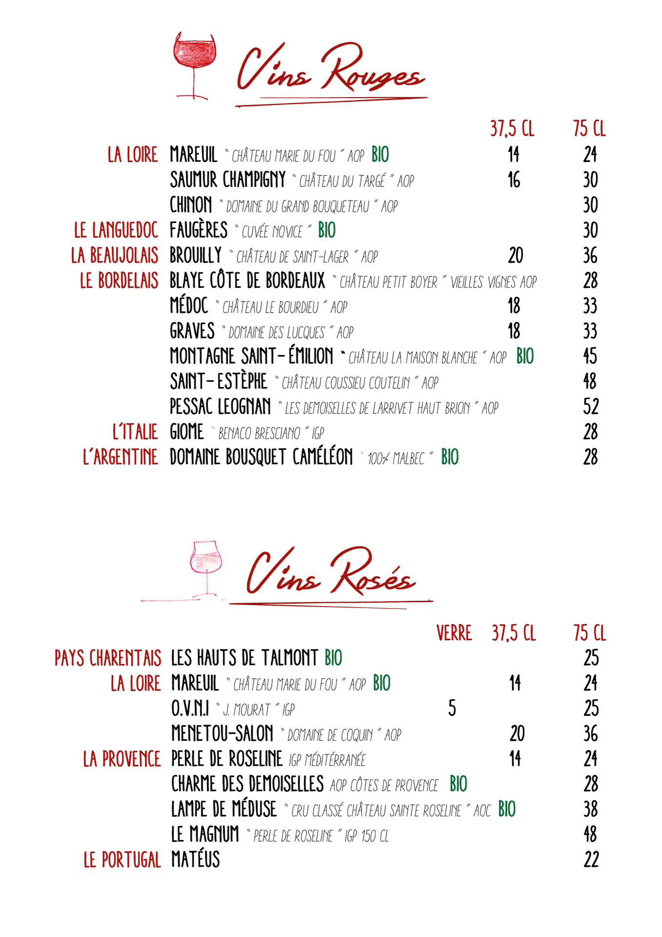 Carte restaurant 2023 - Vins rouges, rosés - Maison Blanche