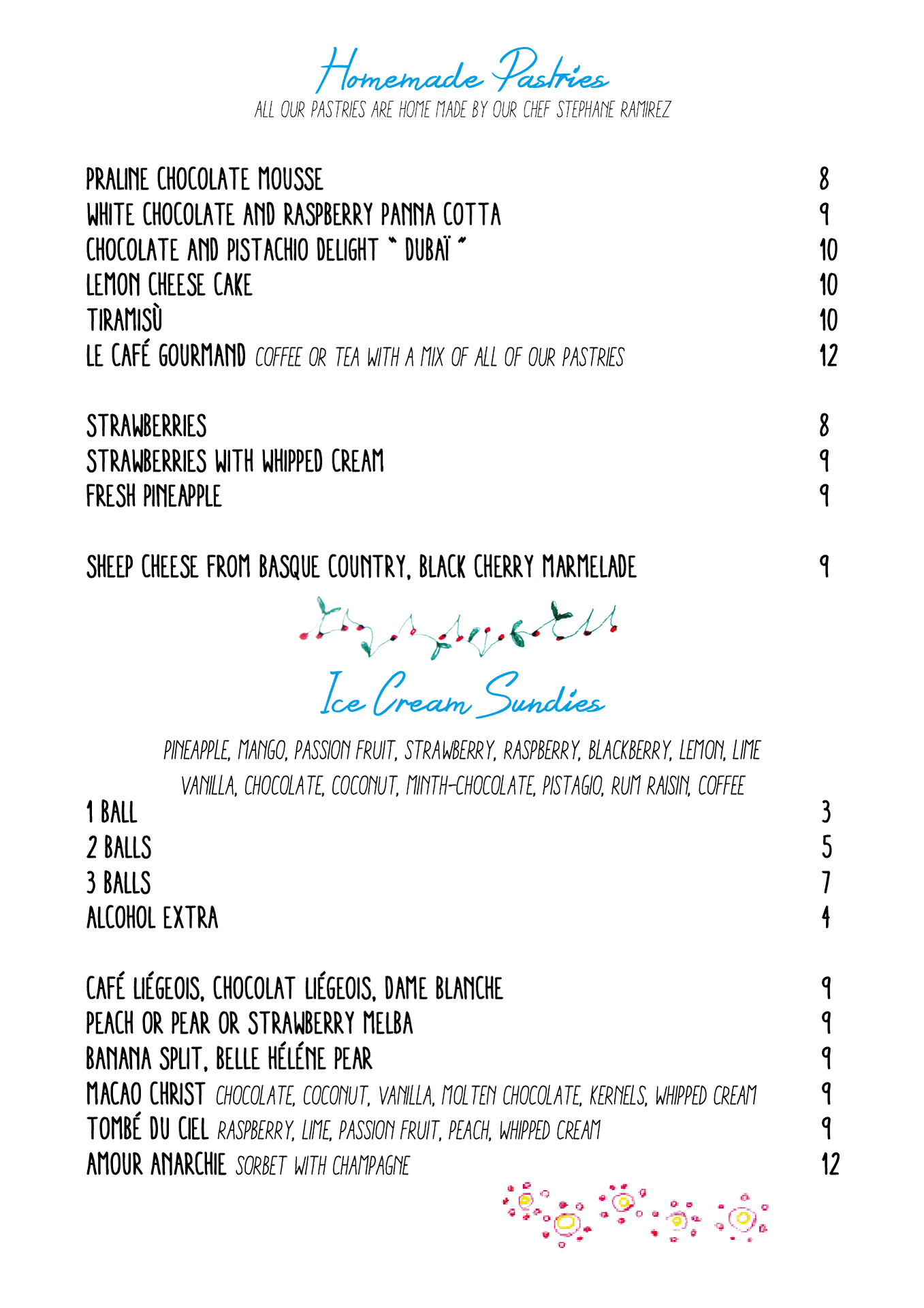 Carte restaurant 2019 - Les desserts - Les glaces